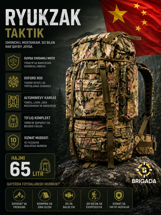 Taktik turistik ryukzak, harbiy, yurish uchun, 65L , Sayohat Uchun Suvga Chidamli Sumka