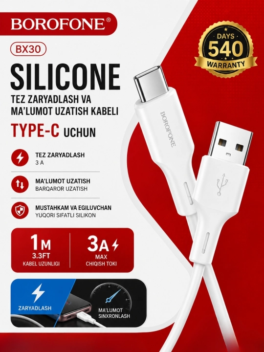 USB Type-C 3.0 kabeli, 6A, mustahkam, tez zaryadlash va ma’lumot uzatish uchun - 