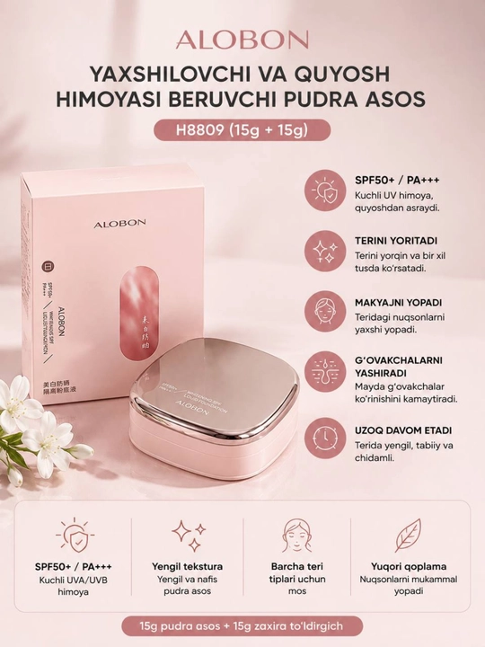 ALOBON SPF50+ 02 ton kushon pudra asos yuzni yorqinlashtiruvchi va namlantiruvchi - 