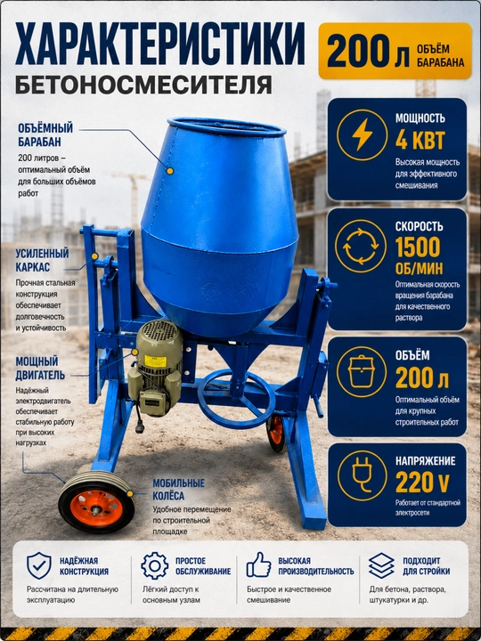 200 litrli beton meshalka qurilish va ta’mirlash ishlari uchun