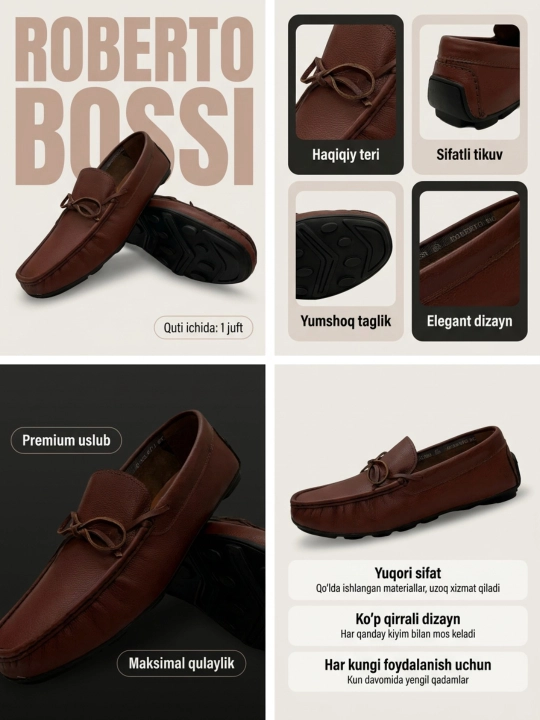 Roberto Bossi erkaklar charm mokasinlari, bahor, yoz, kuz, tufli,o'lchamlari 39 dan 44 gacha