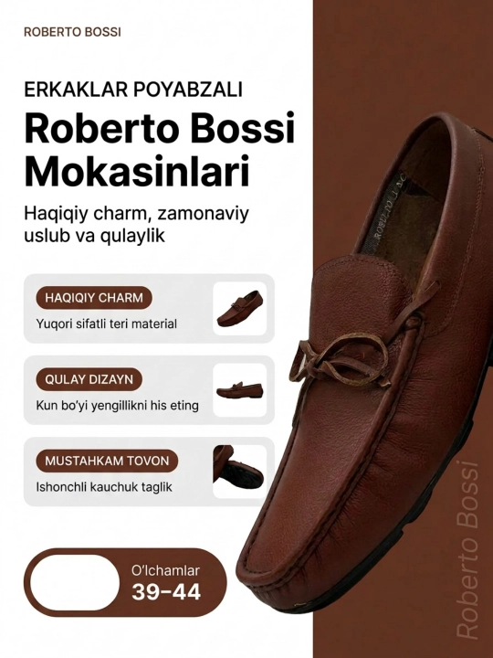 Roberto Bossi erkaklar charm mokasinlari, bahor, yoz, kuz, tufli,o'lchamlari 39 dan 44 gacha - 