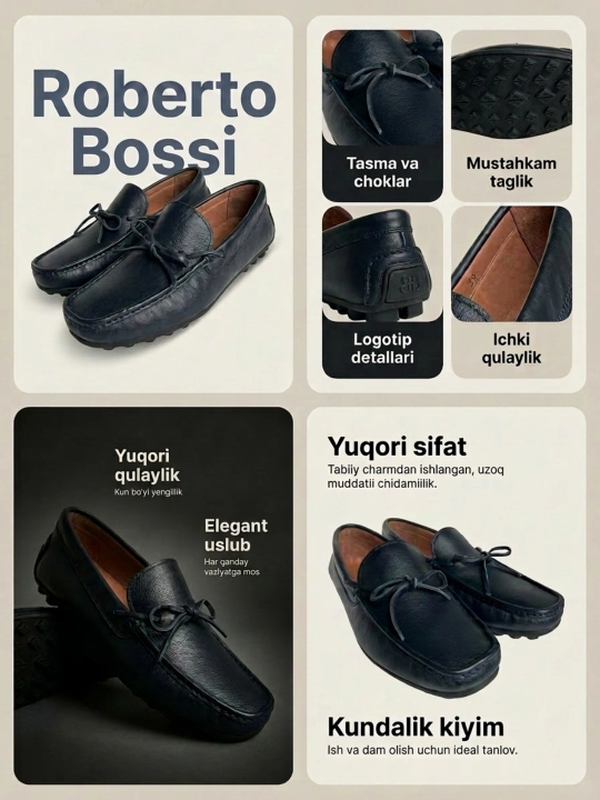 Roberto Bossi erkaklar charm mokasinlari, bahor, yoz, kuz, tufli,o'lchamlari 39 dan 44 gacha