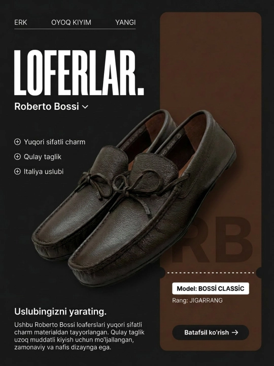 Roberto Bossi erkaklar charm mokasinlari, bahor, yoz, kuz, tufli,o'lchamlari 39 dan 44 gacha