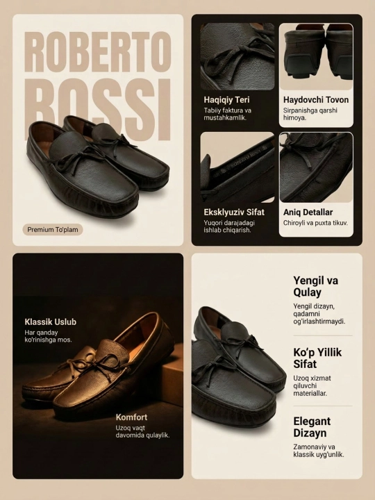 Roberto Bossi erkaklar charm mokasinlari, bahor, yoz, kuz, tufli,o'lchamlari 39 dan 44 gacha