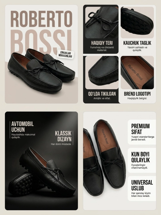 Roberto Bossi erkaklar charm mokasinlari, bahor, yoz, kuz, tufli,o'lchamlari 39 dan 44 gacha