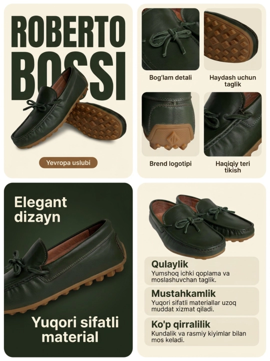 Roberto Bossi erkaklar charm mokasinlari, bahor, yoz, kuz, tufli,o'lchamlari 39 dan 44 gacha