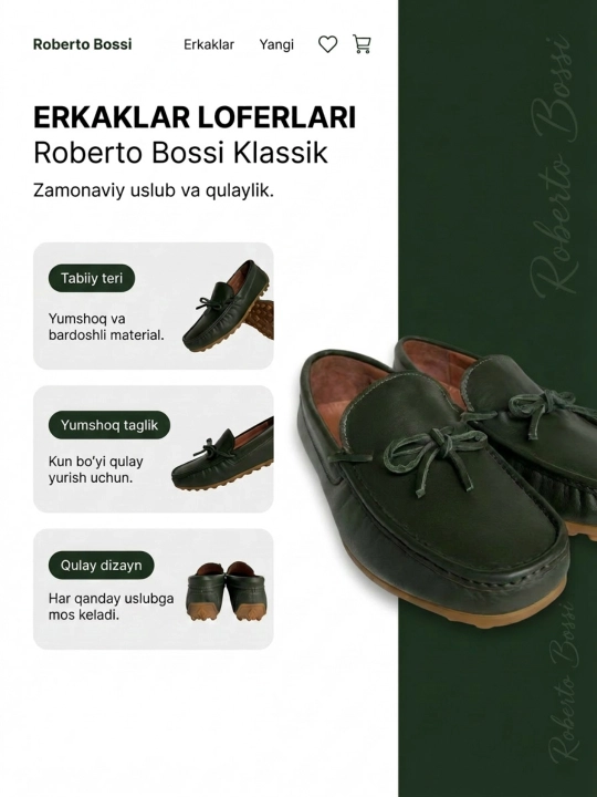 Roberto Bossi erkaklar charm mokasinlari, bahor, yoz, kuz, tufli,o'lchamlari 39 dan 44 gacha
