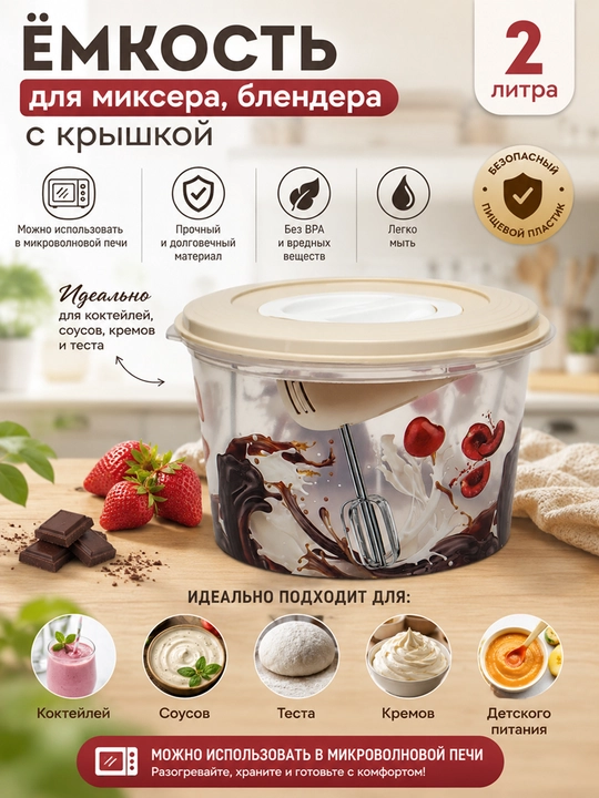 Ёмкость для миксера, блендера с декором, 2.0 л - 
