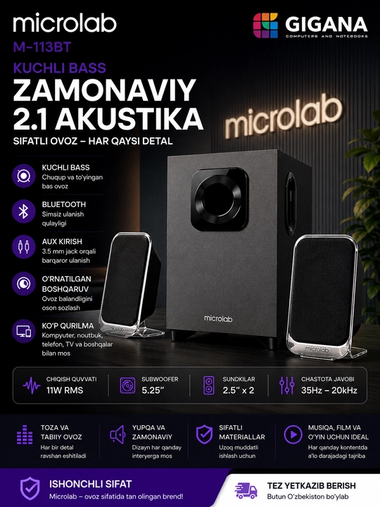 Microlab M-113BT — 2.1 kalonka Bluetooth akustik tizim (24W, AUX, Bluetooth 4.0) - 