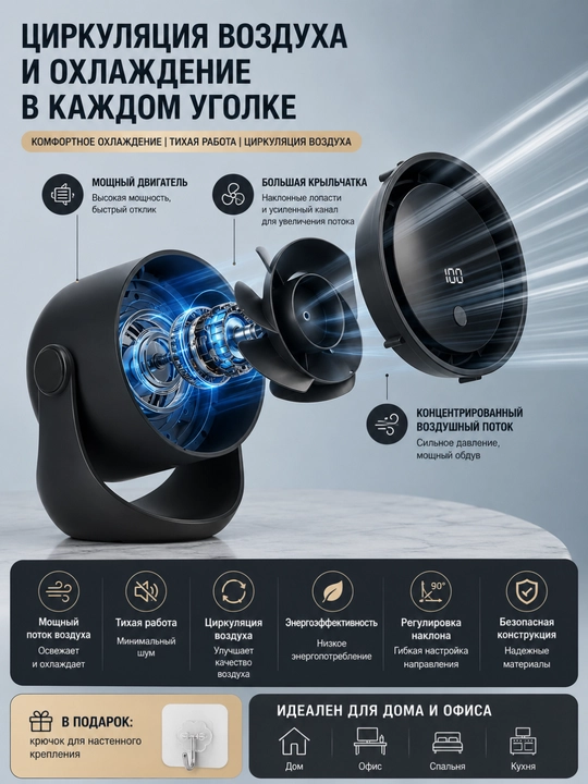 360° aylanuvchi stol ventilyatori — kuchli havo oqimiga ega jim mini ventilyator