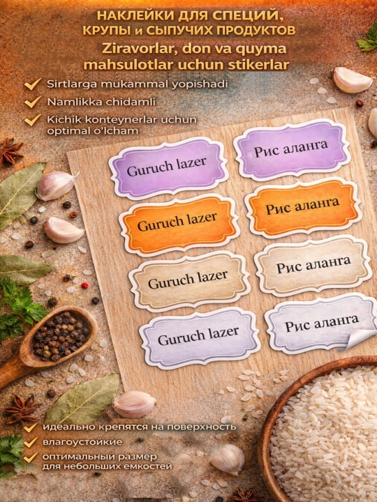 Наклейки на банки для специй, круп и сыпучих продуктов, 100 шт - 