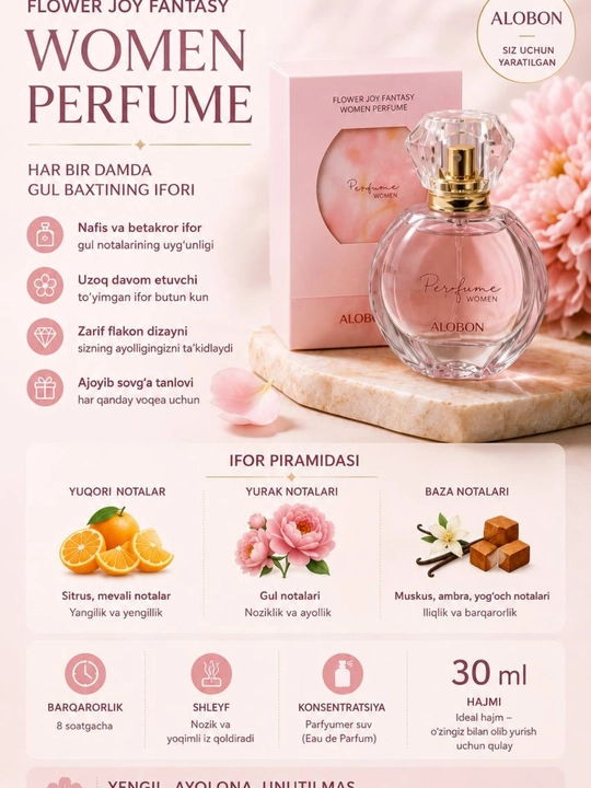 ALOBON Flower Joy Fantasy ayollar atiri, 30 ml, uzoq turuvchi nafis ifor parfyum