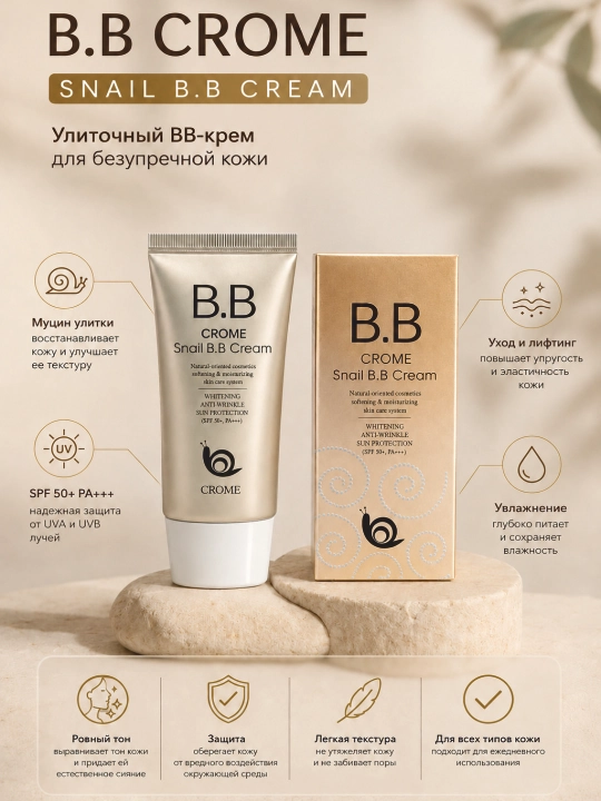 Tonal kremi, CROME Shilliqqurt ekstraktli BB krem: SPF50 himoya, namlantirish va tekislash