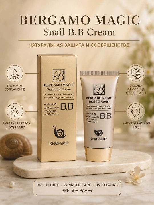 Крем, тональный крем, BB-крем Bergamo Magic с муцином улитки: уход, SPF50+, ровный тон