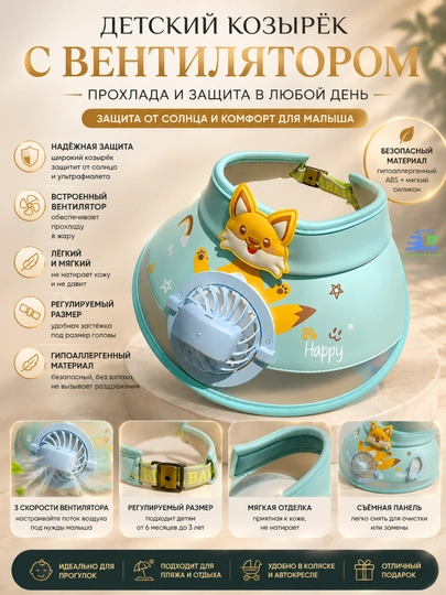 Детская солнцезащитная кепка с вентилятором и USB-зарядкой — UGOLDOM-VENTCAPKID-БИРЮЗ-52