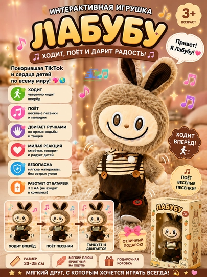Интерактивная игрушка Лабубу, ходит и поет — УГОЛОК-LABUBU-КОРИЧН