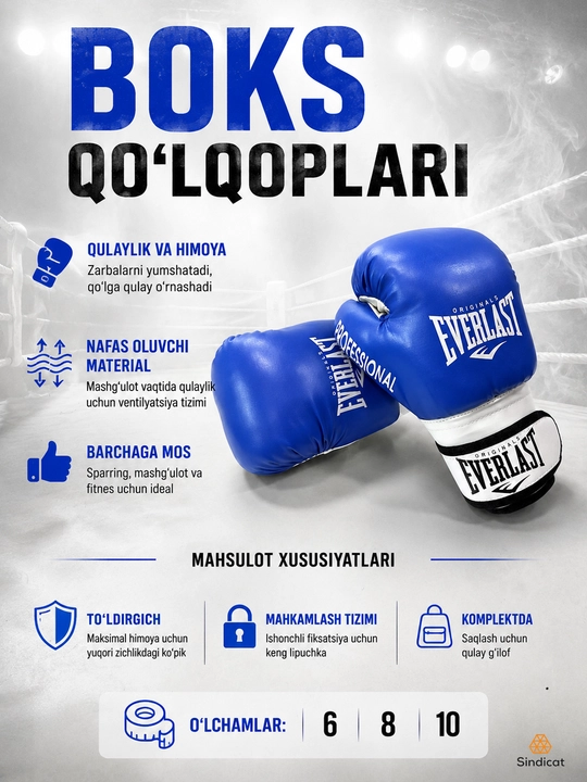Boks qo'lqoplari, o'lchami 6-8-10, o'rta yoshdagi bolalar va kattalar uchun - 