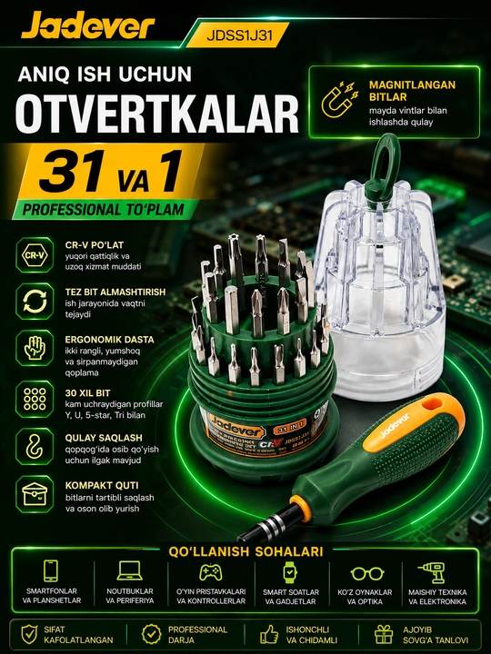 Набор отвёрток JADEVER JDSS1J31, 31-в-1, CR-V, 30 бит: SL/PH/Torx/H/Y/U, рукоятка
