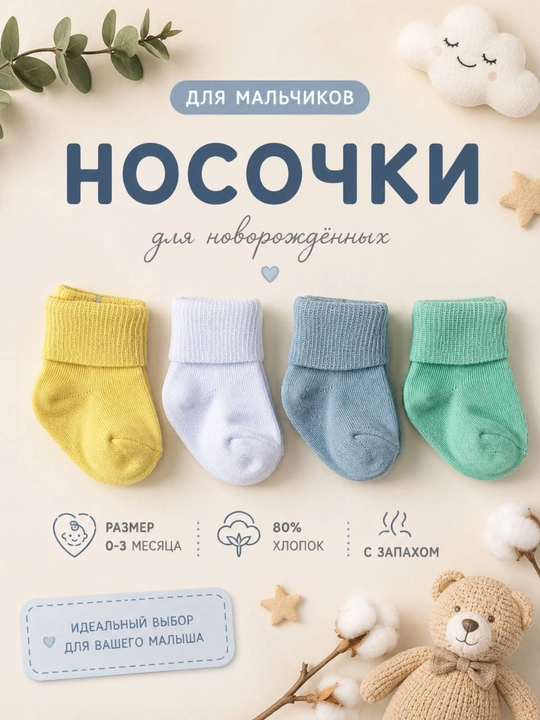 Мягкие носочки для новорождённых, 4 штук, 80% хлопок, с приятным запахом - 