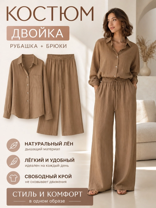 Женский льняной костюм двойка - 