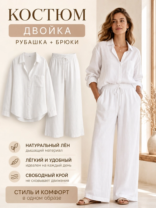 Женский льняной костюм двойка - 