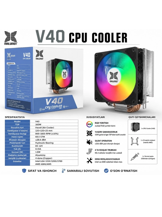 Kuler CPU Malumot V40, RGB yoritishli, Intel va AMD rozetkalari uchun kuler - 