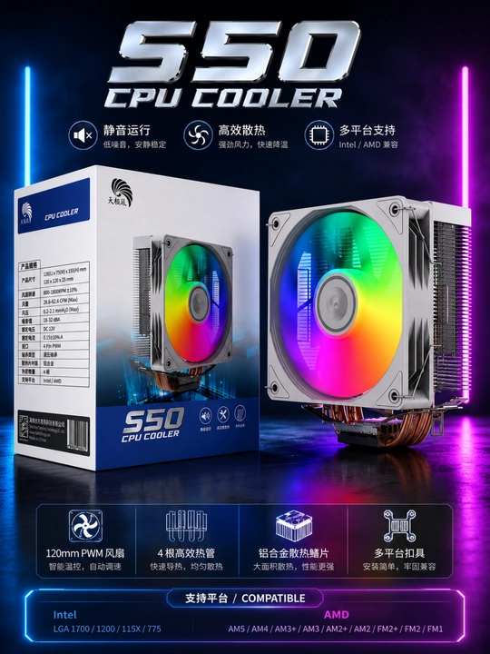 Protsessor kuleri S50 CPU Cooler, RGB yoritgichli, Intel va AMD uchun - 