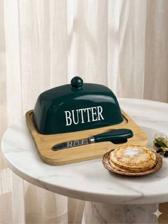 Yog‘ saqlash idishi – shisha qopqoqli va bambuk taglikli butter dish to‘plami - 