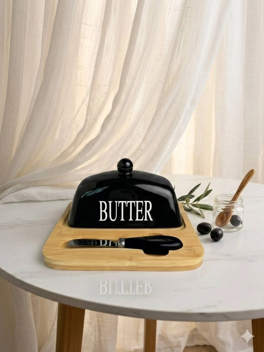 Yog‘ saqlash idishi – shisha qopqoqli va bambuk taglikli butter dish to‘plami - 