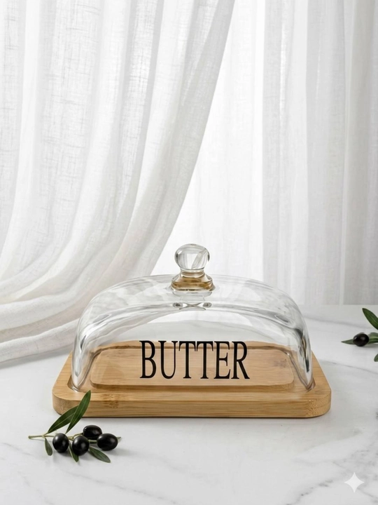 Yog‘ saqlash idishi – shisha qopqoqli va bambuk taglikli butter dish to‘plami - 
