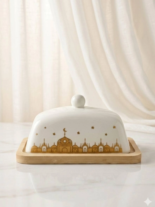 Yog‘ saqlash idishi – shisha qopqoqli va bambuk taglikli butter dish to‘plami - 