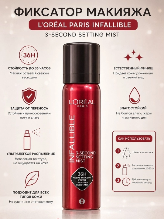 L’Oréal Paris Infaillible 3-Second Setting Mist фиксатор макияжа 36 часов - 