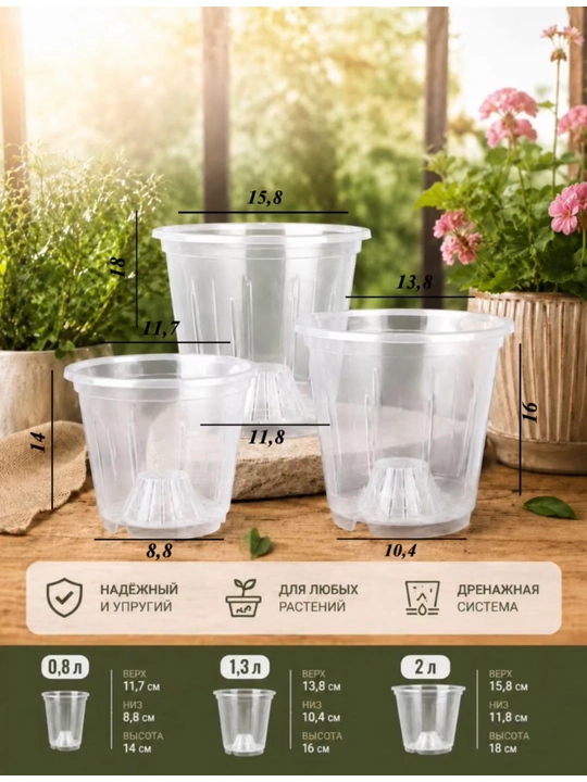 Orxideya va gullar uchun shaffof Gulla tuvaklari, drenajli, 0,8 litr, 1,3 litr, 2 litr
