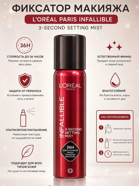L’Oréal Paris Infaillible 3-Second Setting Mist фиксатор макияжа 36 часов