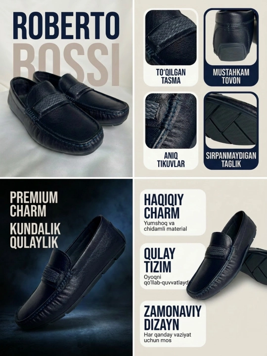 Roberto Bossi erkaklar mokasinlari, bahorgi, yozgi, kuzgi, poyabzal, charm, 39 dan 44 gacha bo‘lgan o‘lchamlar