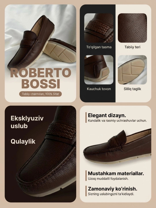 Roberto Bossi erkaklar mokasinlari, bahorgi, yozgi, kuzgi, poyabzal, charm, 39 dan 44 gacha bo‘lgan o‘lchamlar