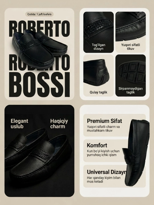 Roberto Bossi erkaklar mokasinlari, bahorgi, yozgi, kuzgi, poyabzal, charm, 39 dan 44 gacha bo‘lgan o‘lchamlar