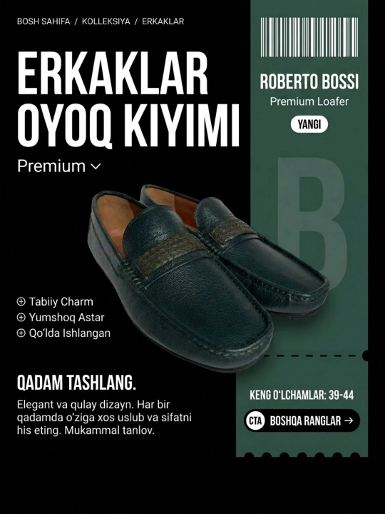 Roberto Bossi erkaklar mokasinlari, bahorgi, yozgi, kuzgi, poyabzal, charm, 39 dan 44 gacha bo‘lgan o‘lchamlar - 