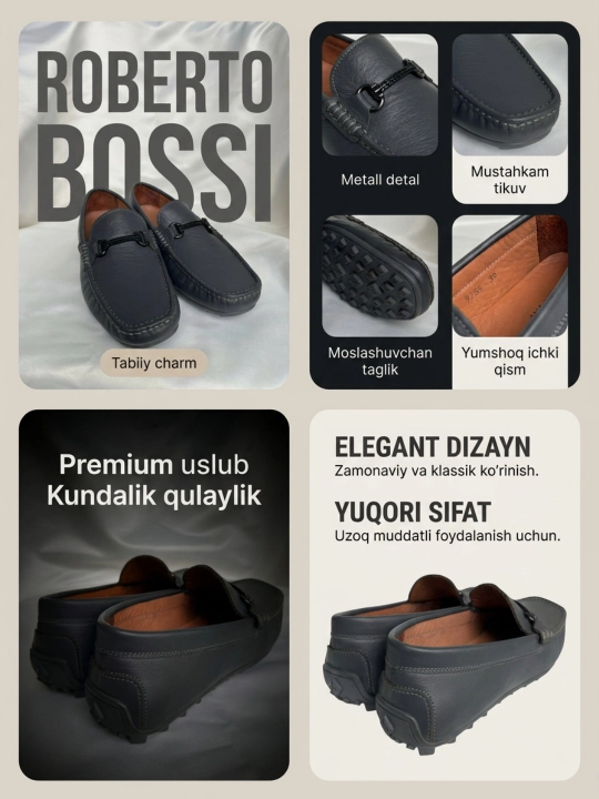 Roberto Bossi erkaklar mokasinlari, bahorgi, yozgi, kuzgi, poyabzal, charm, 39 dan 44 gacha bo‘lgan o‘lchamlar