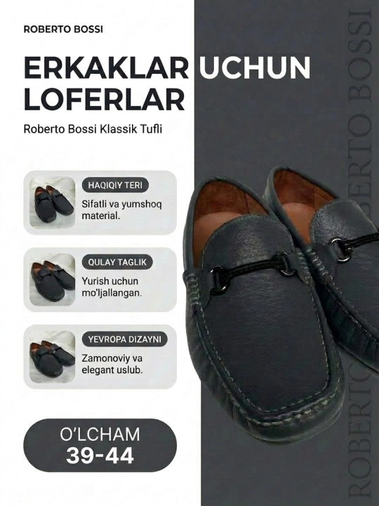 Roberto Bossi erkaklar mokasinlari, bahorgi, yozgi, kuzgi, poyabzal, charm, 39 dan 44 gacha bo‘lgan o‘lchamlar
