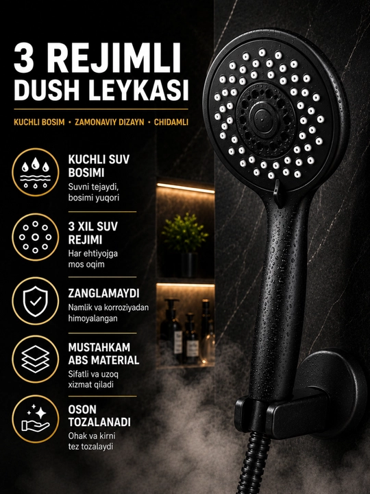 Premium Matte Black Qo‘l Dushi Leykasi – 3 Rejimli Universal - 