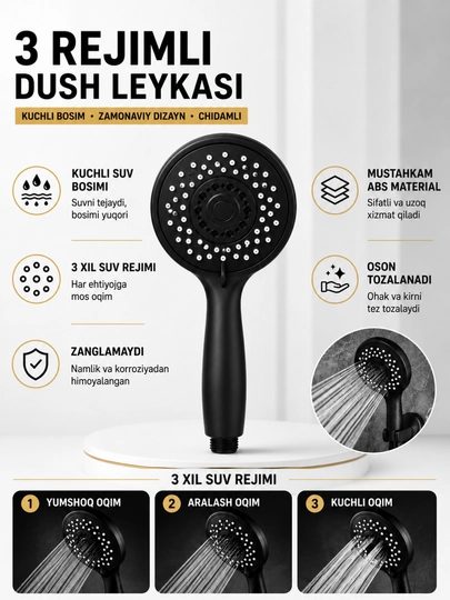 Premium Matte Black Qo‘l Dushi Leykasi – 3 Rejimli Universal