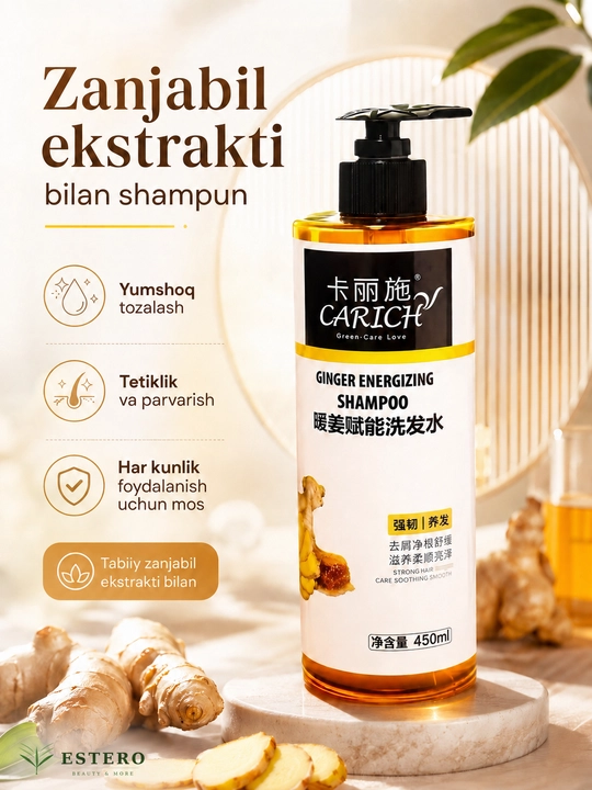 Carich Zanjabilli Energiya Beruvchi Shampun — Asal va Zanjabil Mustahkamlovchi 450ml 