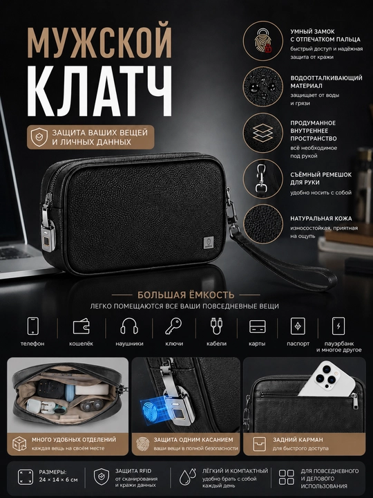 Умный мужской клатч WiWU Anti-Theft: кожаное портмоне барсетка с отпечатком пальца - 