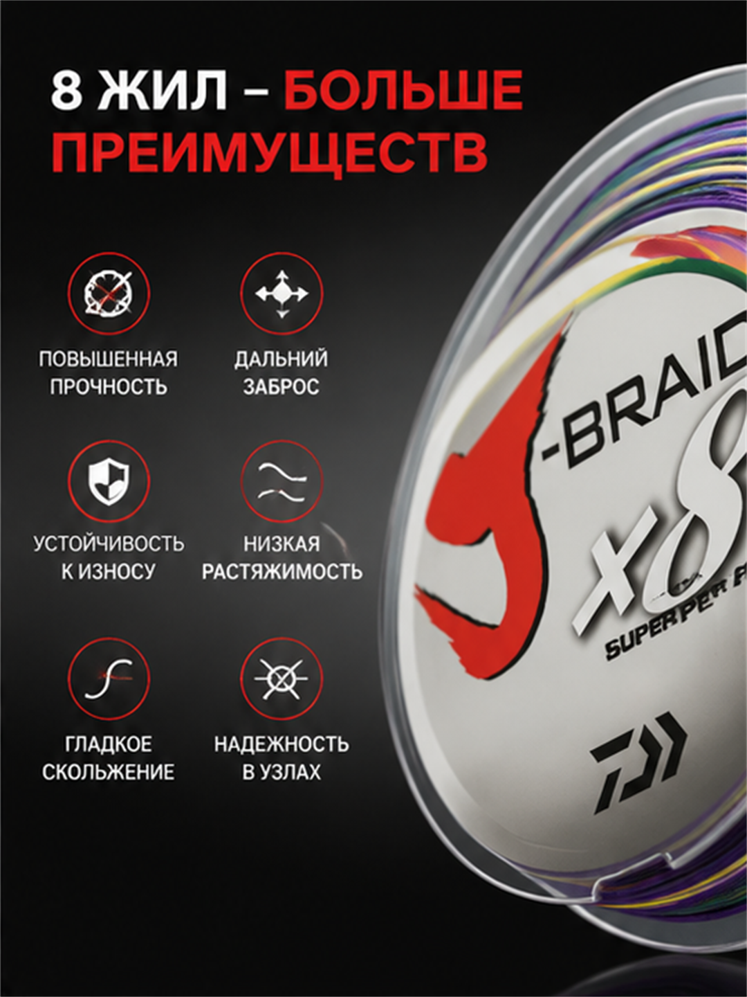 Плетеный шнур для рыбалки J-BRAID Strong х8 разноцветный