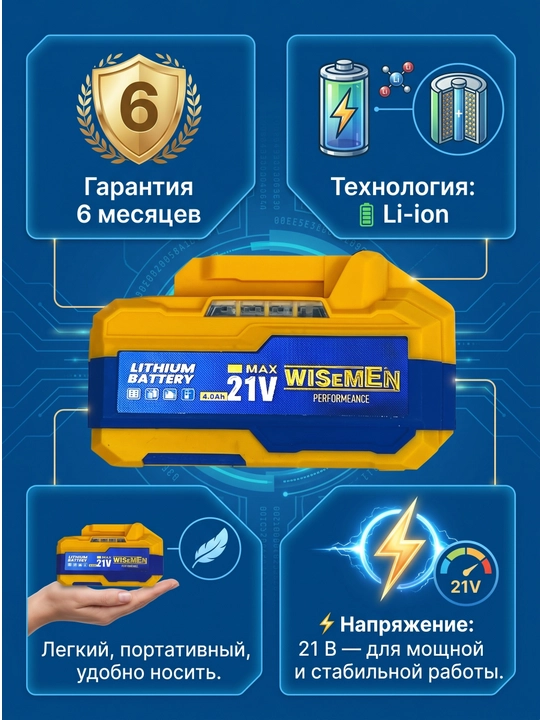 Аккумулятор для шуруповёрта, лазерного уровня 21В, 2.0 / 4.0 Ah - 