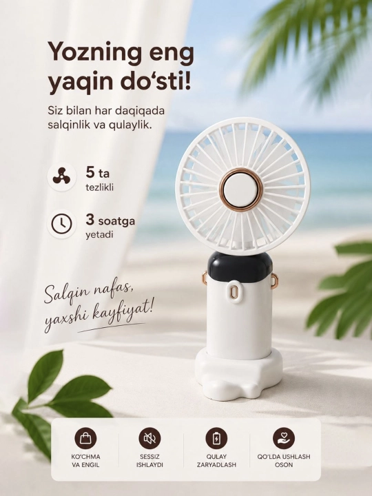 Portativ mini ventilyator USB zaryadli 5 tezlikli qo‘l va stol ventilyatori - 