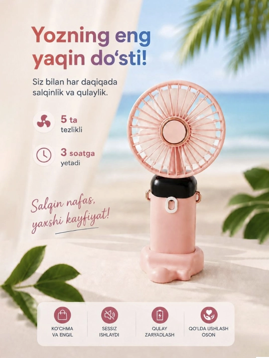 Portativ mini ventilyator USB zaryadli 5 tezlikli qo‘l va stol ventilyatori - 
