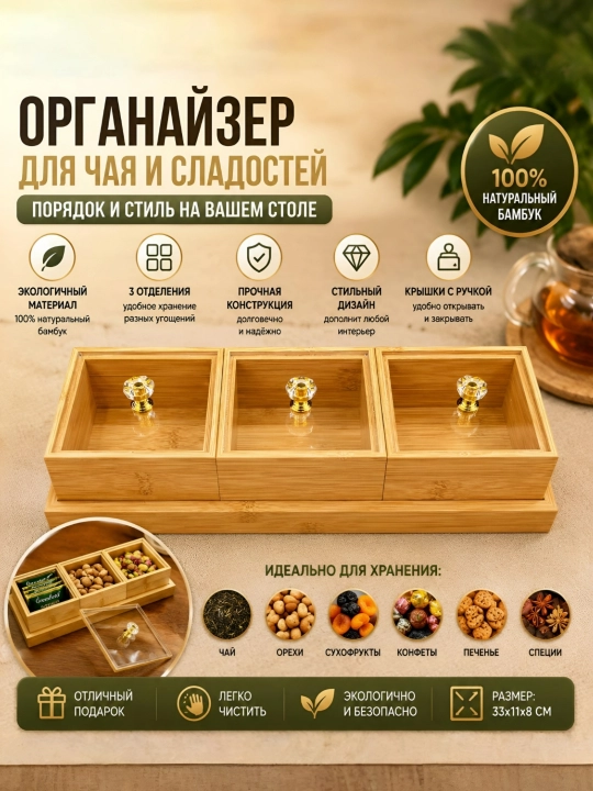 Органайзер для чая и сыпучих продуктов с крышкой, менажница деревянная для подачи